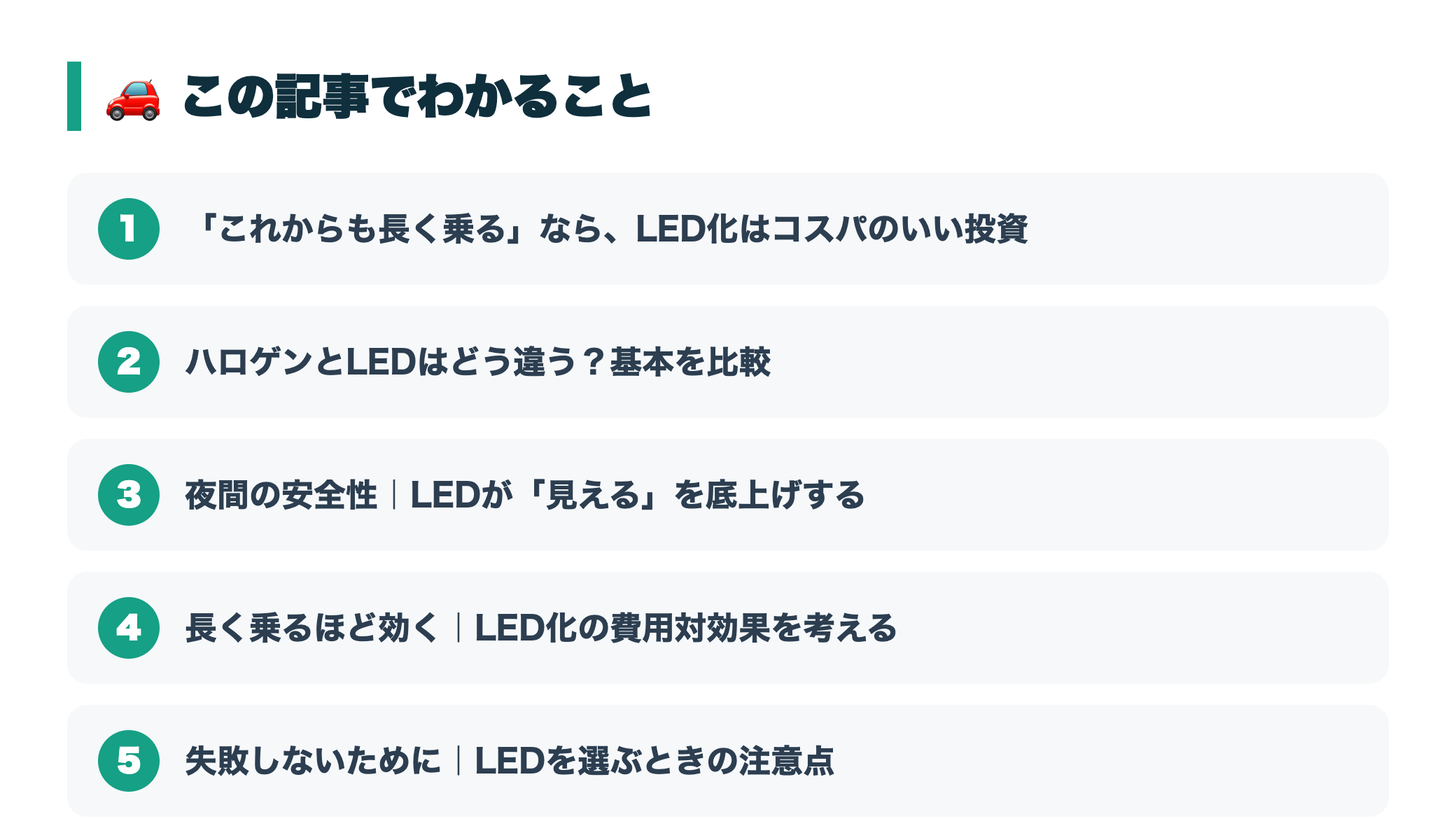 車を長く乗るならLED化がおすすめ|夜間の安全性を高めるHID屋の車検対応LED 『この記事でわかること』図
